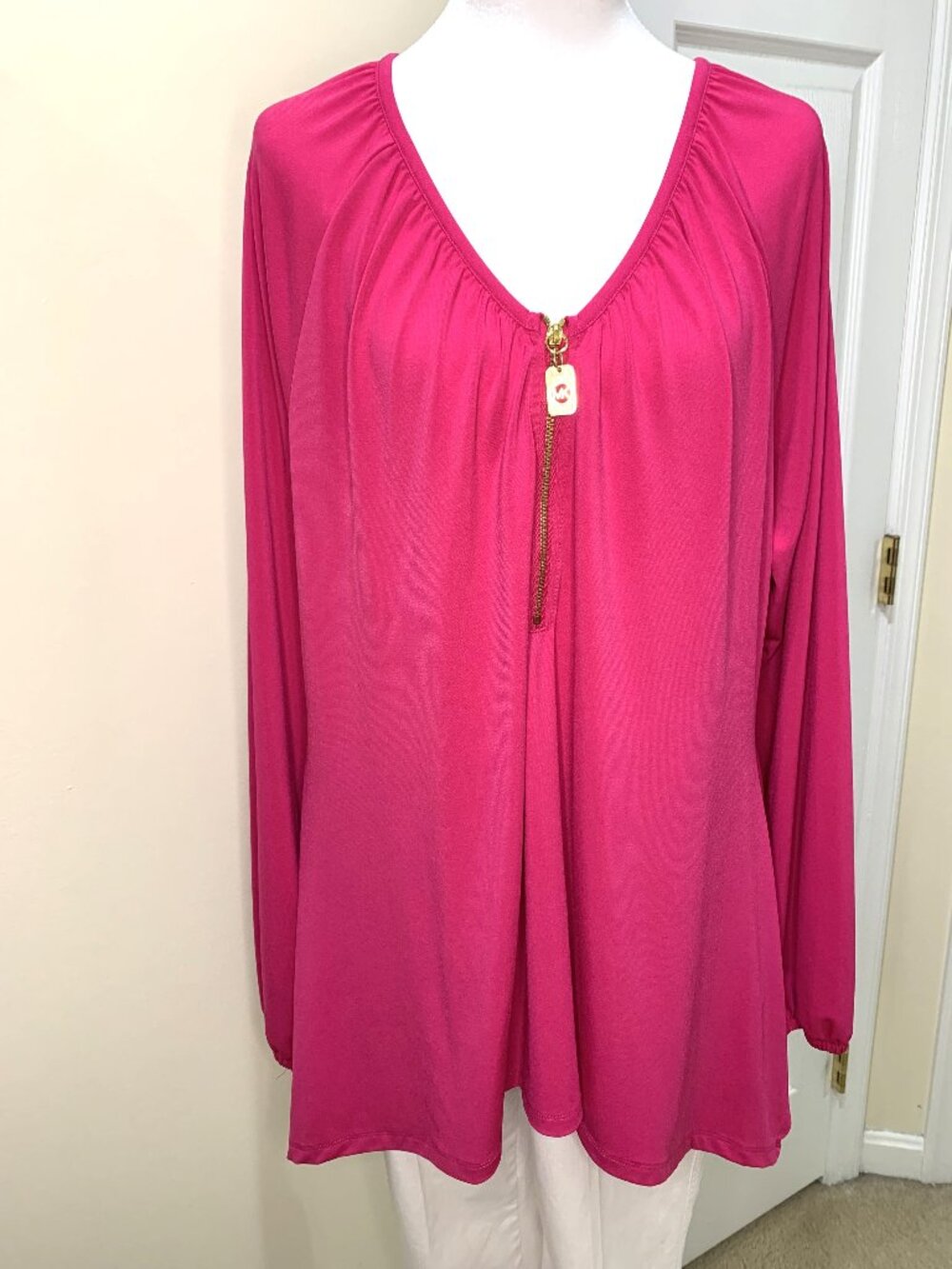 Michael Kors Long Sleeve Pink Women Blouse Front Zipper Wrinkle-Free Size Large